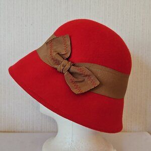 Peter Grimm Wool Cloche Hat Red Womens One Size Grosgrain Bow Wide Brim Hat Band